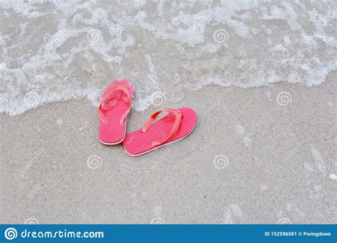 Flip Flops On Beach With Wave Sandy Beach Sea At The Ocean Stock Image Image Of Coast Beach