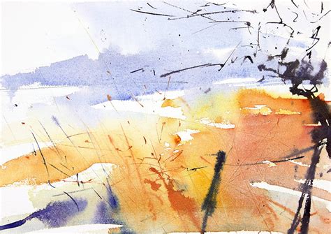 Winter Field Semi Abstract Expressive Watercolour Landscape By Adrian