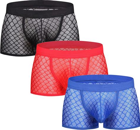 Uneihoiz Men S Comfortable Sheer Sexy See Through 3 Pack Boxer Briefs X Large Black Red Blue