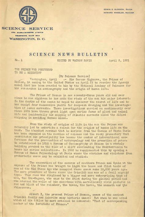 1921 The Launch Of Science News Bulletin Society For Science