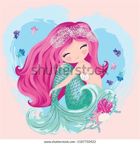 Little Cute Mermaid With Fishes And Seashells Book Illustration