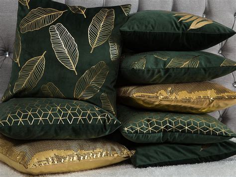 Set Of 2 Velvet Cushions Gold Leaf 45 X 45 Cm Green Fern Ex Factury