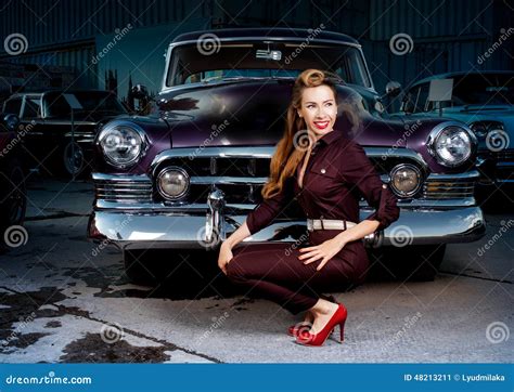 Pin Up Girl In Retro Car Stock Image Image Of Sitting 48213211