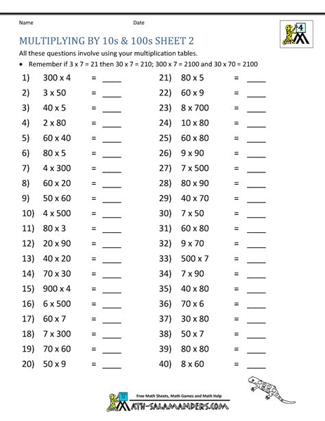 Multiply Whole Tens By Digit Numbers Grade Multiplication Exercises