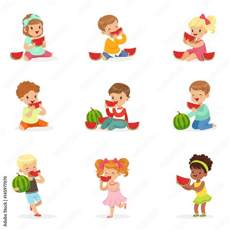 Cute Little Kids Eating Watermelon Healthy Eating Snack For Children