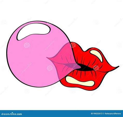 Lips Blowing Pink Bubble Gum Pop Art Style Stock Vector Illustration