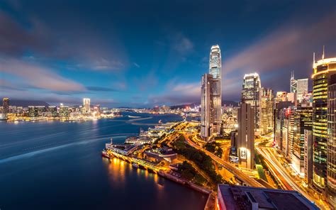 Fond Décran Hong Kong Grattes Ciels Bâtiments Baie Lumières