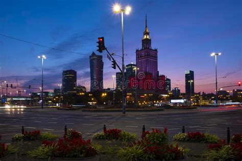 Warsaw Poland Evening Panoramic View Of City Center With Culture And