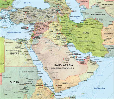 Detailed Political Map Of The Middle East With Relief