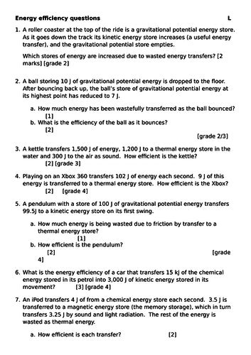 Gcse Science 1 9 Energy Efficiency Practise Questions Teaching