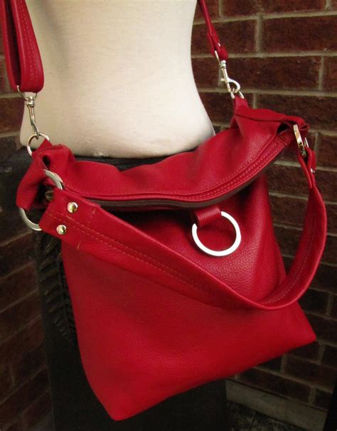 Red Leather Bag Fold Over Bag Leather Tote Large Slouchy 3 Way