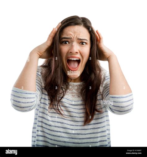 Woman With Hands On Head And Yelling Out Loud Stock Photo Alamy