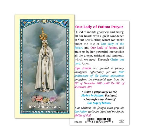 Our Lady Of Fatima 100th Anniversary Prayer Card Divine Mercy T Shop