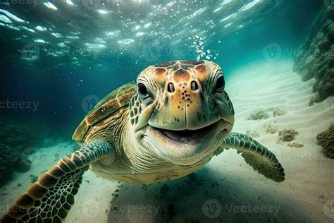 Happy Sea Turtle Underwater Looking And You And Smiling Illustration