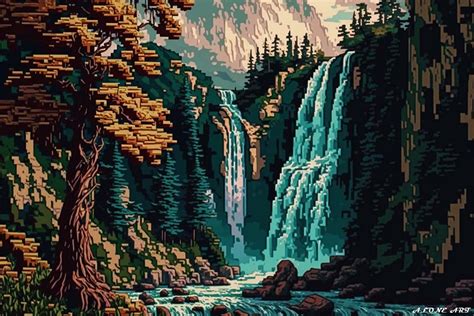 Stunning Waterfalls Pixel Art Graphic By Alone Art · Creative Fabrica