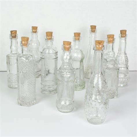 Vintage Glass Bottles With Corks Bud Vases Assorted Shapes 5 Inch Tall Set Of 10 Bottles