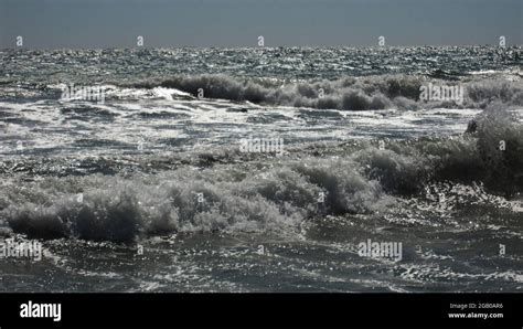 Beautiful Blue Sea Waves With White Foam Close Up Bustling Violent