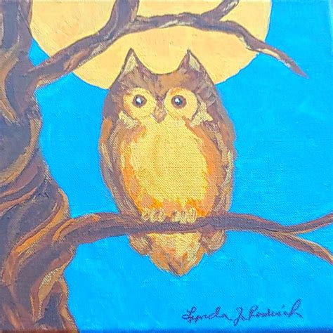 Owl In The Golden Moon Bird Art Painting Camping Art