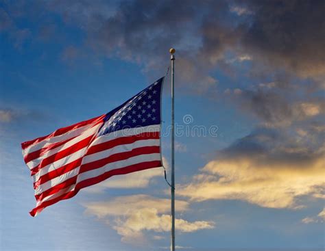 American Flag In Light Wind At Dusk Stock Image Image Of America