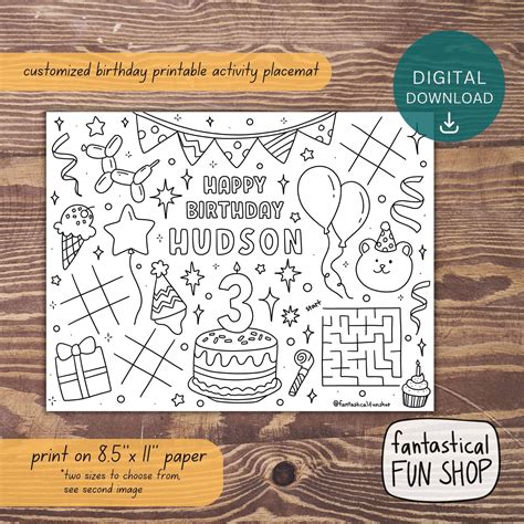 Birthday Coloring Placemat Printable Custom Personalized Activity Page
