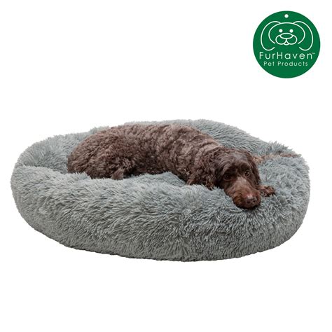 Furhaven Calming Cuddler Long Fur Donut Pet Bed For Dogs And Cats Gray