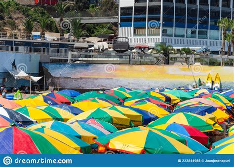 Colorful Umbrellas On The Beaches Of The Coast Of Lima Peru Stock