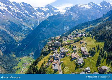 Amazing Aerial View Over The Village Of Murren In The Swiss Alps Stock