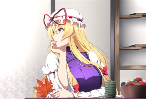 Safebooru 1girl Absurdres Autumn Leaves Blonde Hair Bowl Breast Rest Breasts Chin Rest