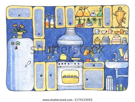 Watercolor Kitchen Cozy Design Vintage Interior Stock Illustration