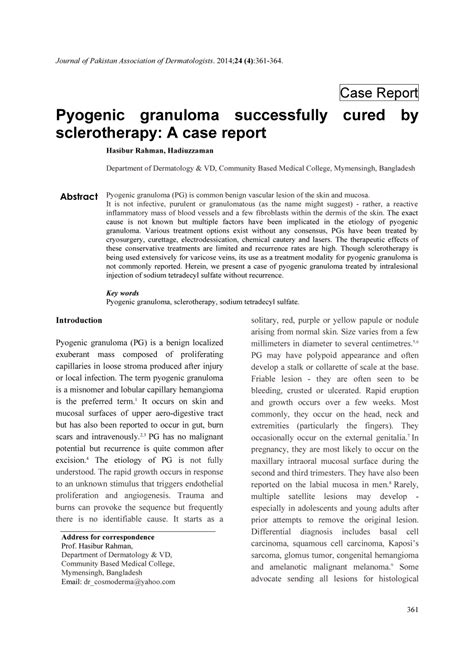 Pdf Pyogenic Granuloma Successfully Cured By Sclerotherapy A Case Report