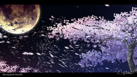 Cherry Blossoms Moon Night Nobody Original Scenic Signed Tree Waisshu