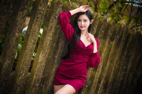 free download hd wallpaper asian model women long hair dark hair fence red dress