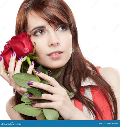 Attractive Thoughtful Girl Holding Red Roses Stock Photo Image 42257258