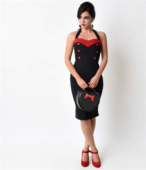 1950s style black and red sweetheart halter pin up wiggle dress unique vintage