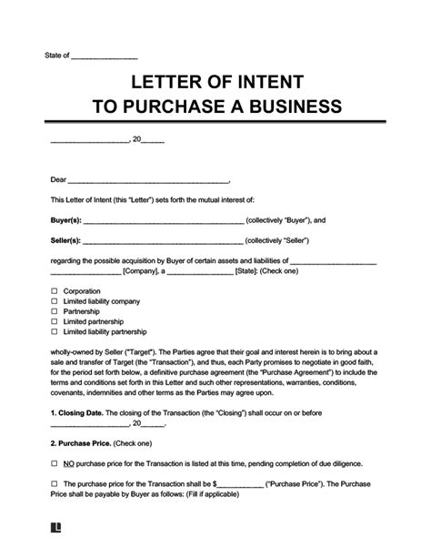 Purchase Offer Letter For A Business