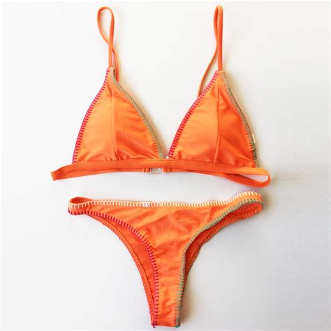 Sexy Orange Women Micro Bikini Set Thong Bikini Bottom Padded Top