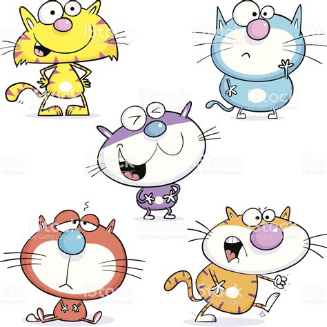 Four Cartoon Cats With Different Expressions On White Background