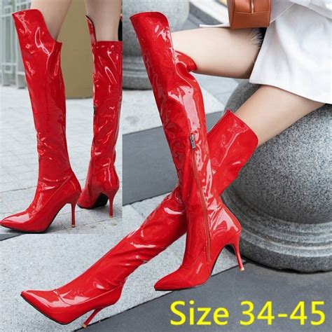 Women Fashion Over Knee High Boots Patent Leather High Heeled Thigh