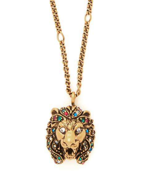 Gucci Lion Head Crystal Embellished Pendant Necklace In Metallic Lyst