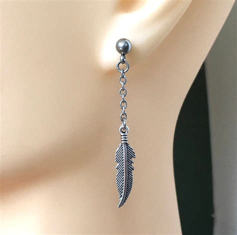 Mens Long Feather Earring Guys Single Dangle Earring One Earring Feather Jewellery Stainless