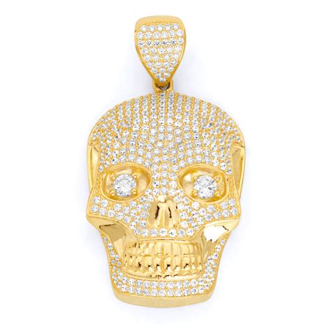 10k Gold Large Skull Pendant With Cubic Zirconia Detailing The Golden