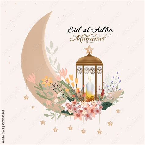 Eid Al Adha Mubarak Greeting Design With Crescent Moon And Star Hanging