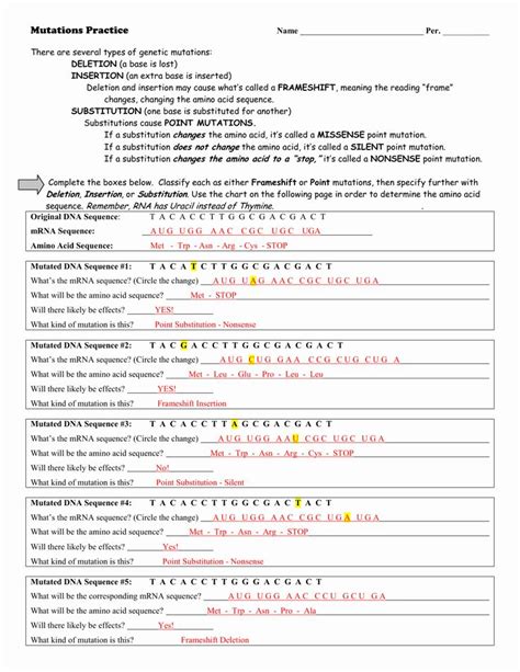 The sequence of the bases codes for the instructions for protein synthesis. Genetic Mutation Worksheet Answer Key Elegant Genetic ...