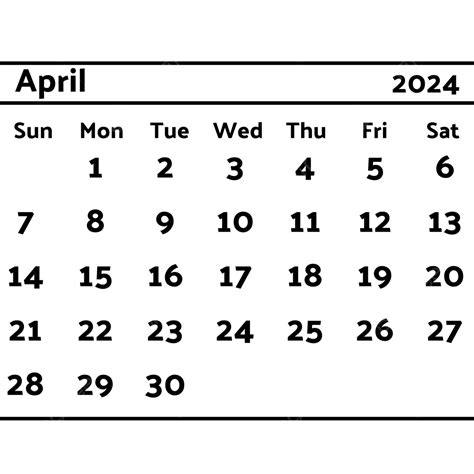 Kalender April 2024 Schwarz Vektor 2024 Kalender April Png Und