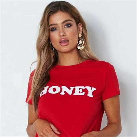 Honey Red Letters Print Cotton Casual Funny T Shirt For Lady Top Tee