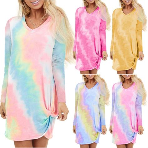 buy ladies v neck tie dye gradients printed long sleeve knotted loose midi dress at affordable