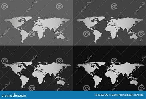 Set Of Four Vector World Maps Isolated On A Grayscale Background Stock