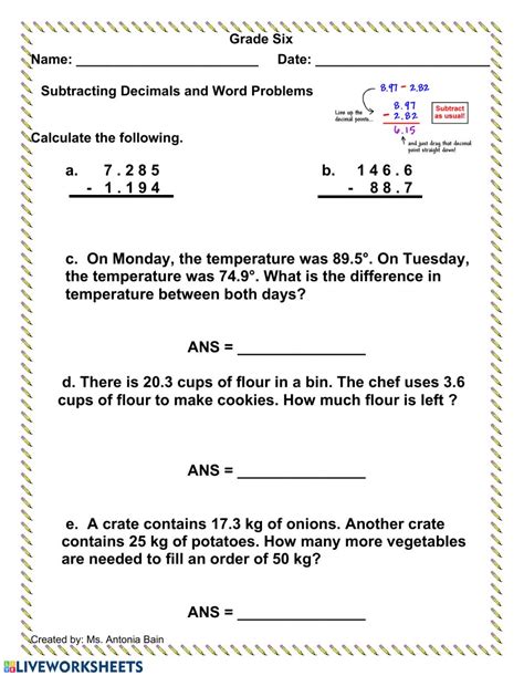 subtracting decimals word problems worksheet