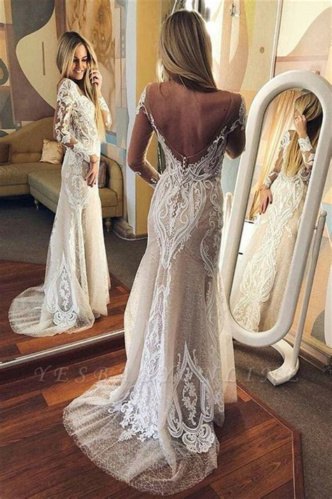 Sexy Long Sleeves Tulle Open Back Lace Wedding Dresses