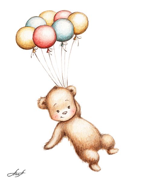 Drawing Of Teddy Bear Flying With Balloons Greeting Card For Sale By